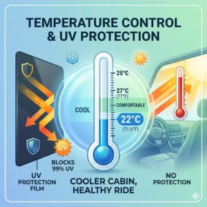 Illustration 7: A thermometer showing a cool cabin interior thanks to the best uv protection for car windows and heat blocking film.