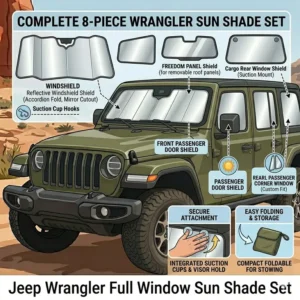 Graphic displaying a complete set of front, side, and rear jeep wrangler window sun shade products.