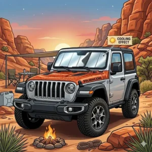 A silver Jeep parked at a desert campsite with a jeep wrangler sunshade windshield to keep the cabin cool.