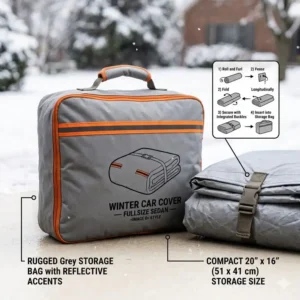 A compact, portable storage bag designed for winter car covers for snow when not in use.