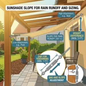 Illustration 7: Side view showing height differences and slope to determine what size sunshade do i need.