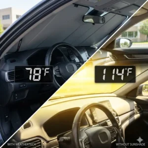 Temperature comparison results displayed in a weathertech sunshade review to prove heat reduction.