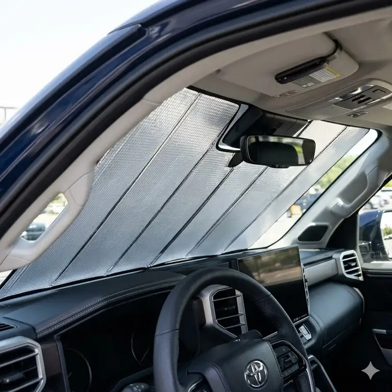 A custom-fit toyota tundra windshield sun shade installed in a modern truck interior to block UV rays and reduce heat.