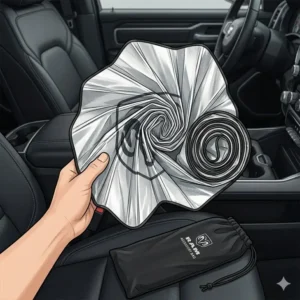 Illustration showing how a ram sun shade easily folds into a compact circle for storage under the seat.