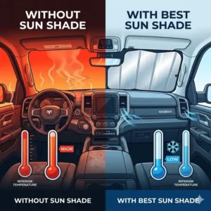 Infographic showing the temperature difference inside a truck with and without the best ram 1500 sun shade.