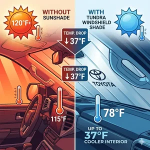A temperature comparison chart showing how much heat a tundra windshield shade blocks during summer.
