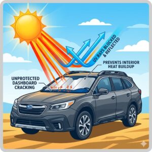 Illustration 1: Diagram showing how a windshield sun shade for subaru outback reflects UV rays and prevents interior heat buildup.