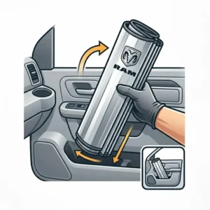 A compact and foldable dodge windshield sun shade being stored easily inside the car door.