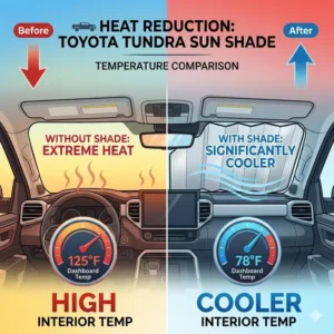 Illustration showing the dramatic temperature difference inside a vehicle with and without a toyota tundra windshield sun shade.