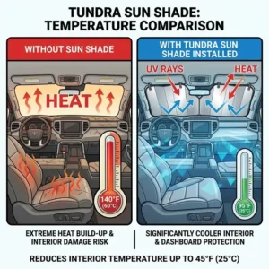 Graphic showing the interior temperature difference before and after using a tundra sun shade.