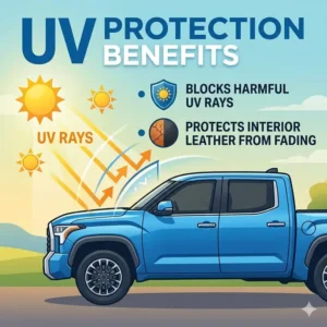 Graphic illustration showing how toyota tundra window shades block harmful UV rays and protect the truck's interior leather.