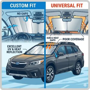 Illustration 2: A comparison between a custom-fit windshield sun shade for subaru outback and a generic universal sun shade.