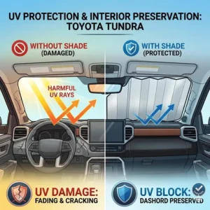 Graphic showcasing how a toyota tundra windshield sun shade prevents dashboard cracking and interior fading from sun damage.