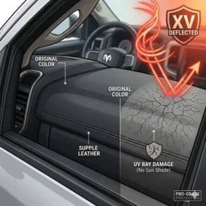 Illustration of a leather dashboard protected from UV damage by using the best ram 1500 sun shade.