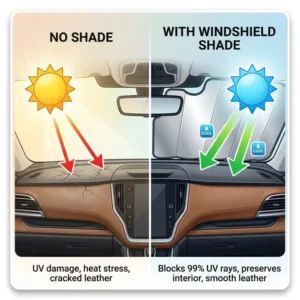 Illustration of how a subaru outback windshield shade protects the dashboard from harmful UV rays.