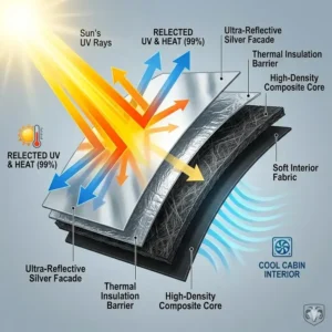 A cross-section diagram of a multi-layer ram sun shade reflecting UV rays and reducing interior cabin temperature.