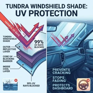 An infographic explaining how a tundra windshield shade protects the interior from 99% of harmful UV rays.