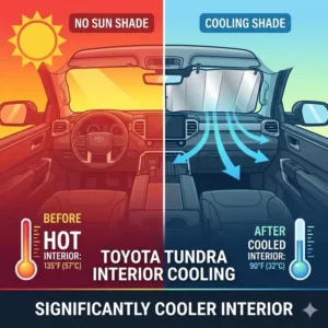 A heat map illustration comparing the interior temperature of a truck with and without toyota tundra window shades.