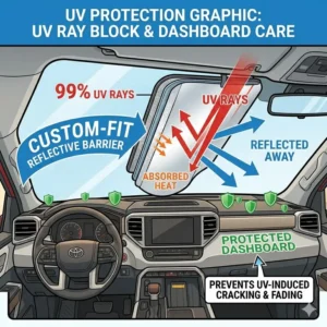 Illustration of a tundra sun shade blocking 99% of harmful UV rays to protect the dashboard.