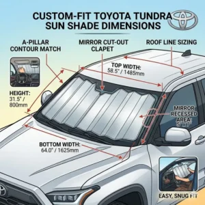 A technical diagram illustrating the precise custom-fit dimensions of a toyota tundra windshield sun shade.