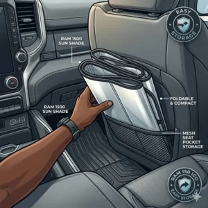 A compact and foldable best ram 1500 sun shade being easily stored in the seat back pocket.