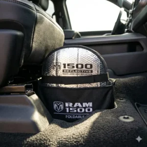 A compact and foldable ram 1500 sun shade being stored easily inside the truck cabin.