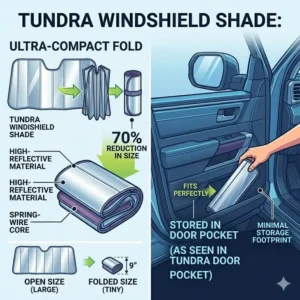 Demonstration of how to fold and store a compact tundra windshield shade in the door pocket.