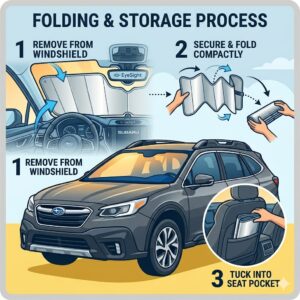 Illustration 3: Step-by-step guide on how to fold and store a compact windshield sun shade for subaru outback in the seat pocket.