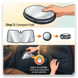 Graphic showing the compact folding design of a subaru outback windshield shade for easy storage.