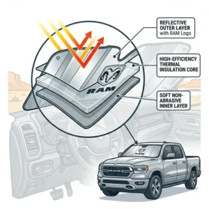Technical diagram showing the multi-layer thermal insulation of a high-quality dodge windshield sun shade.