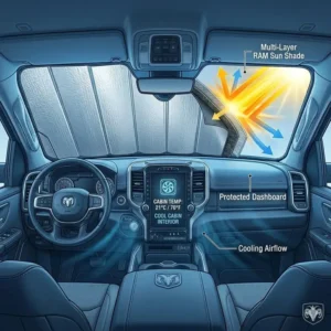 View from inside a truck showing a ram sun shade blocking the sun to protect the dashboard and leather seats.