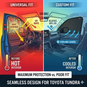 Side-by-side comparison illustration showing a seamless custom-fit toyota tundra window shades versus a gap-filled universal shade.