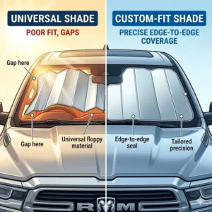 Side-by-side comparison of a universal fit versus the precise edge-to-edge coverage of the best ram 1500 sun shade.
