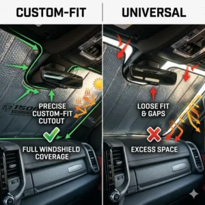 Comparison showing the edge-to-edge coverage of a custom-fit ram 1500 sun shade around the rearview mirror.