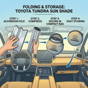 Illustration of a toyota tundra windshield sun shade being easily folded and placed into its compact storage bag.