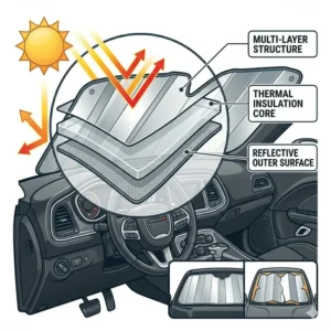 A detailed view of the perfect edge-to-edge fit of a dodge windshield sun shade for maximum coverage.