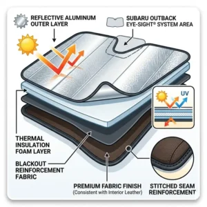 Technical breakdown of the multi-layer thermal insulation used in a subaru outback windshield shade.