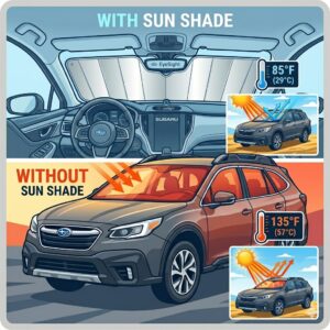 Illustration 4: Infographic comparing interior car temperatures with and without using a windshield sun shade for subaru outback.