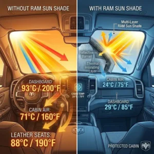 Split-screen illustration comparing a hot truck interior without a ram sun shade versus a cool cabin with one.