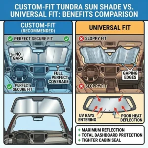 A side-by-side comparison of a custom-fit tundra sun shade versus a universal fit shade.