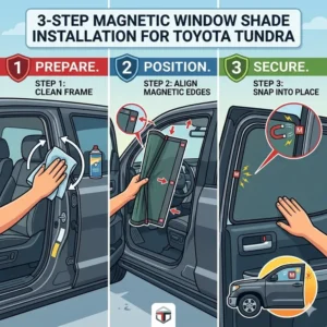 Simple three-step diagram showing how to install magnetic toyota tundra window shades into the window frame.