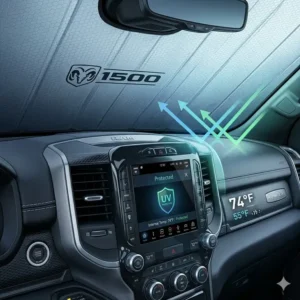 Digital display and dashboard protected from UV rays and extreme heat by a ram 1500 sun shade.