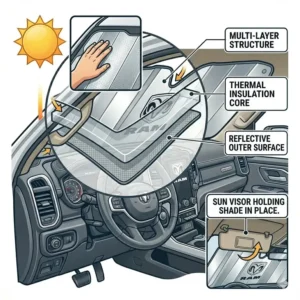 Easy installation guide for a dodge windshield sun shade using the interior sun visors to hold it in place.