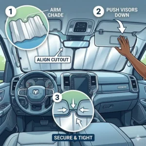 Step-by-step guide on how to properly install and secure the best ram 1500 sun shade using the sun visors.