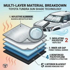 A cross-section view showing the different reflective and insulating material layers of a toyota tundra windshield sun shade.