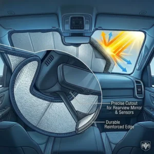 Close-up illustration of a ram sun shade featuring a precise cutout for the rearview mirror and sensors.