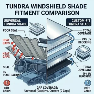 Side-by-side comparison of a custom-fit tundra windshield shade versus a universal sunshade with gaps.