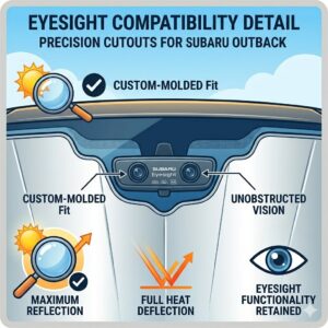 Illustration 6: Close-up showing the precision cutout for EyeSight cameras on a custom windshield sun shade for subaru outback.