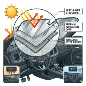 Comparison chart showing significantly reduced interior heat after using a dodge windshield sun shade.