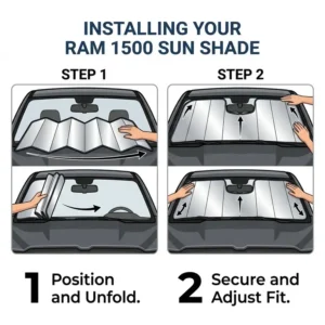 Step-by-step visual instructions on how to quickly deploy and secure a ram 1500 sun shade.